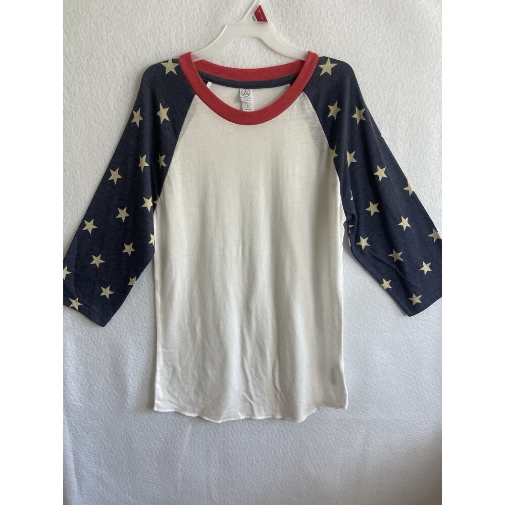 Alternative Earth T-Shirt White Gray Stars Print Crew Neck Raglan Sleeve Small